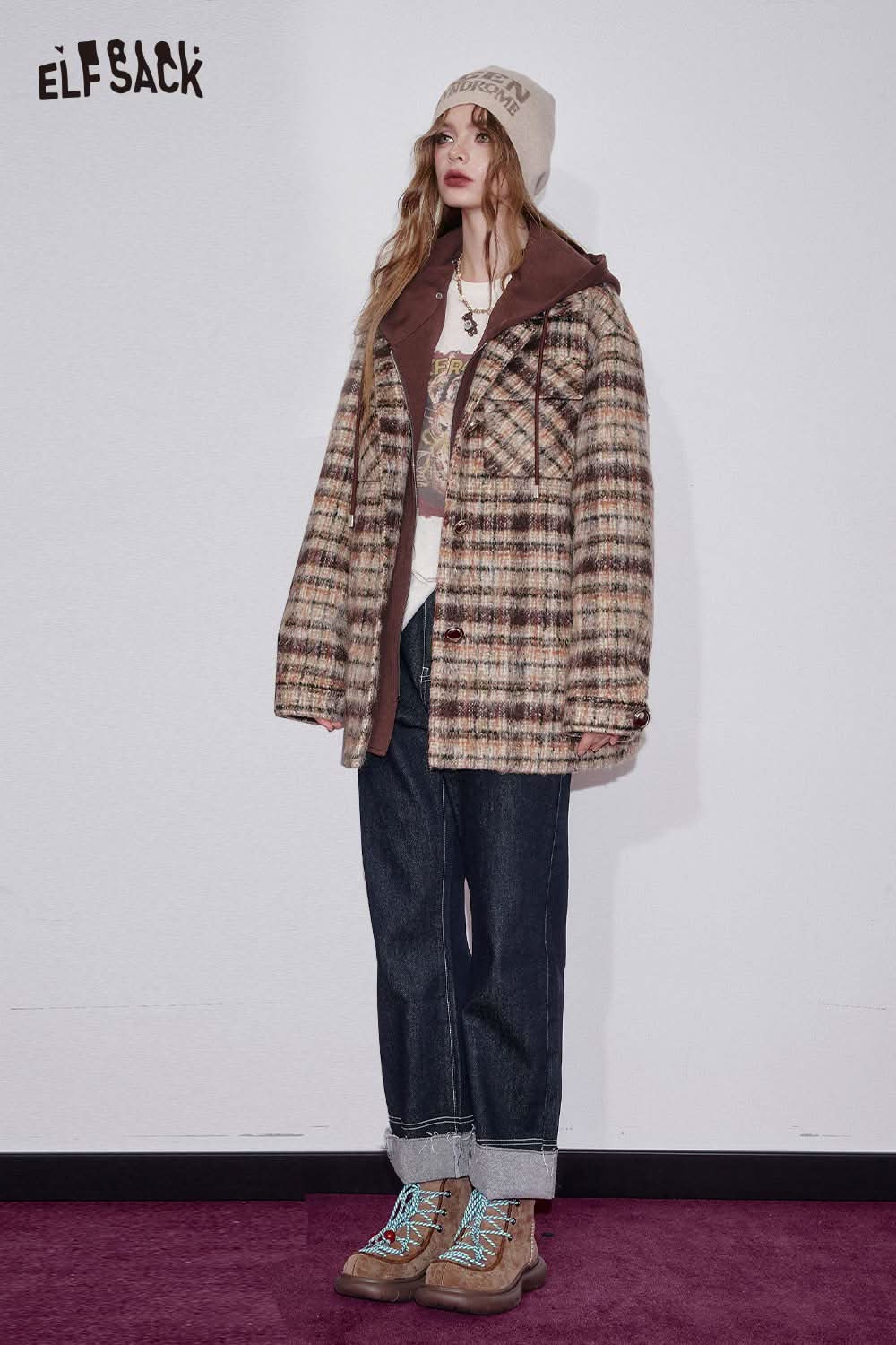 ELFSACK plaid double-breasted long coat in a stylish check pattern, perfect for layering during cool weather