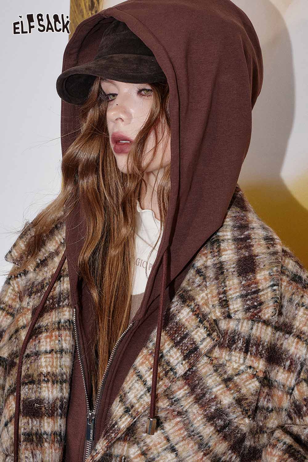 ELFSACK plaid double-breasted long coat featuring a stylish mix of colors and cozy design