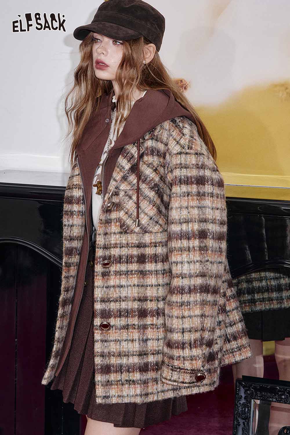 ELFSACK plaid double-breasted long coat in earthy tones with a stylish hood for a cozy look
