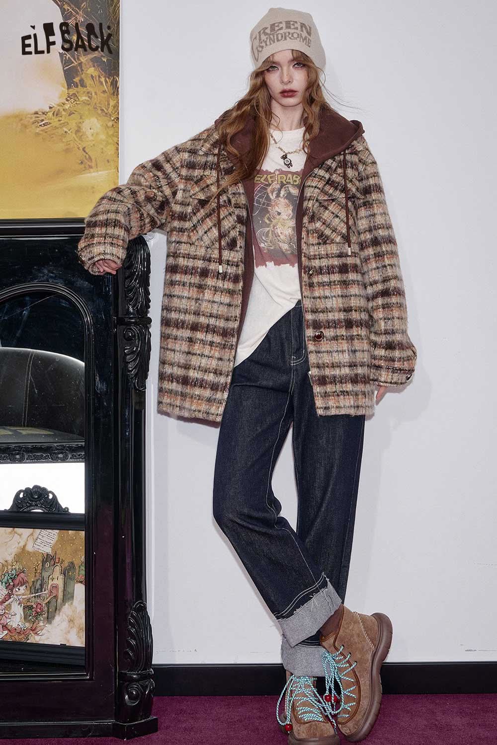 ELFSACK plaid double-breasted long coat styled with casual outfit and cozy boots for a trendy look