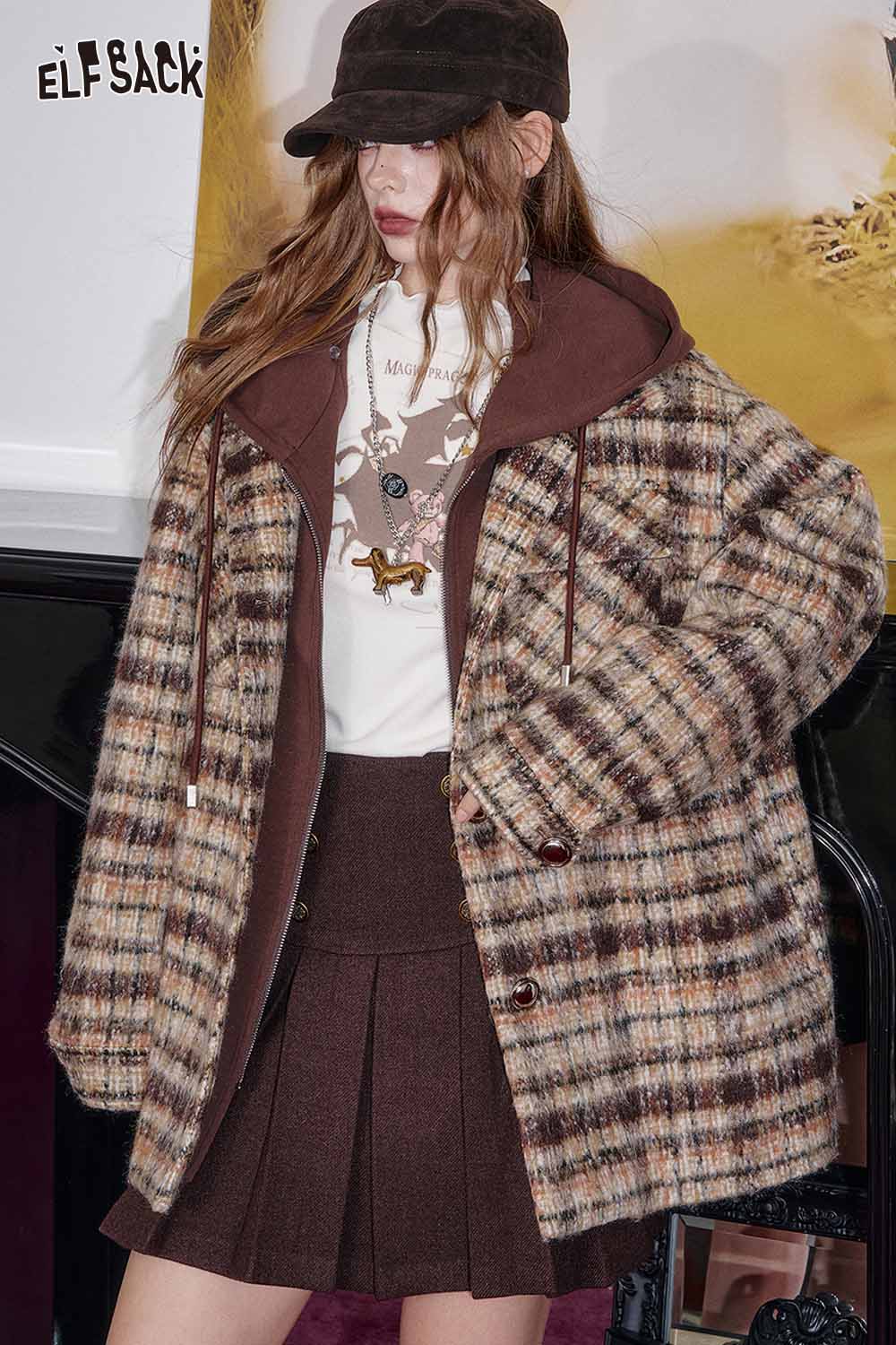 ELFSACK plaid double-breasted long coat featuring a stylish oversized fit and warm fabric