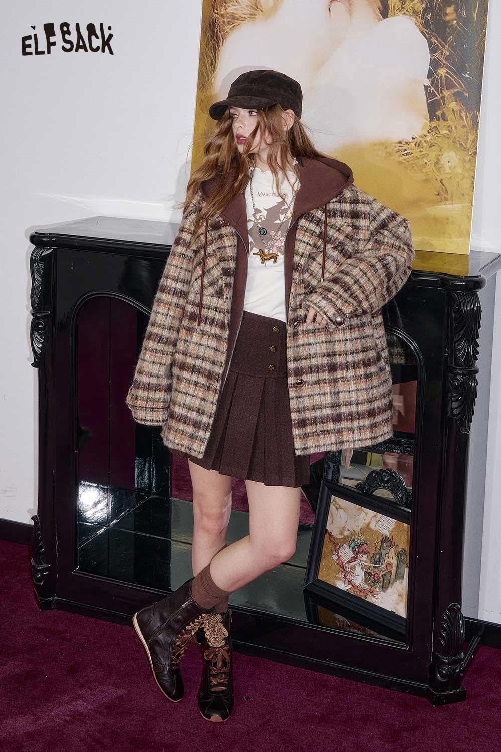 ELFSACK plaid double-breasted long coat styled with a matching outfit on a model indoors
