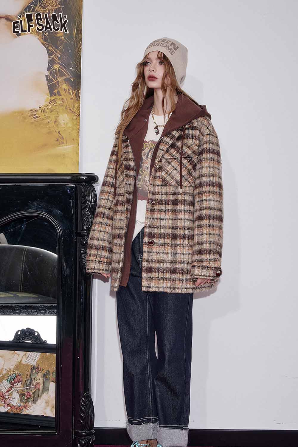 ELFSACK plaid double-breasted long coat styled with casual wear for a chic look