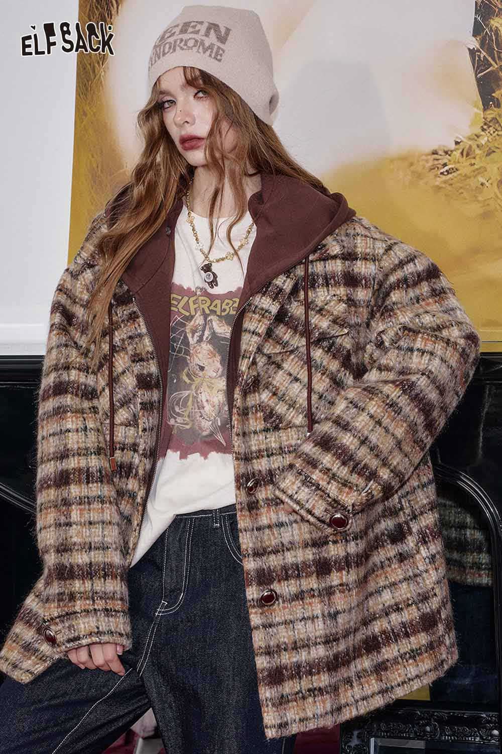 ELFSACK plaid double-breasted long coat featuring soft fabric and a stylish oversized fit