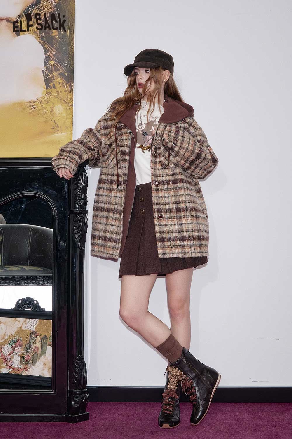 ELFSACK plaid double-breasted long coat with cozy design and stylish oversized fit