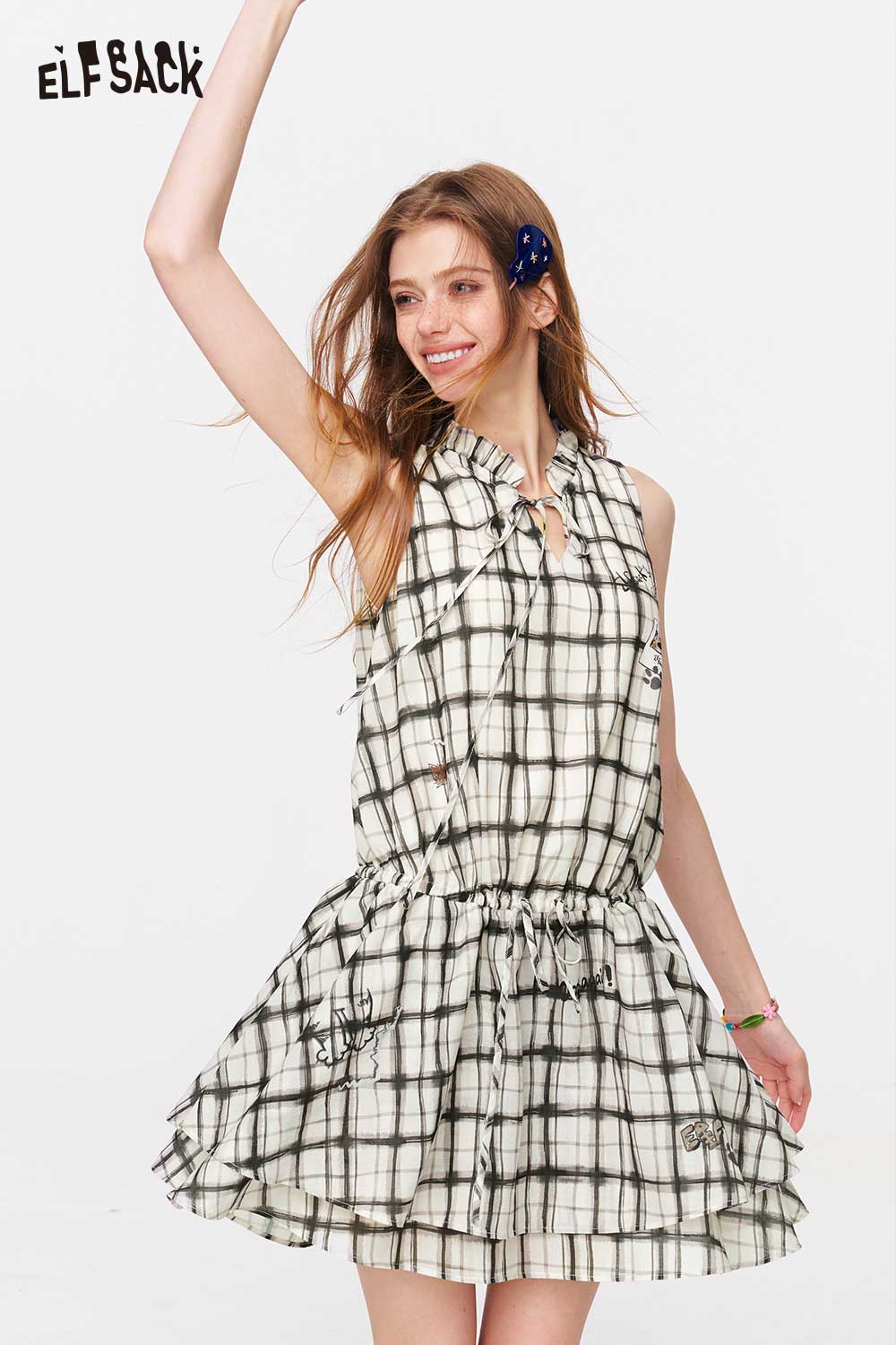 ELFSACK Plaid Drawstring Waist Sleeveless Mini Dress