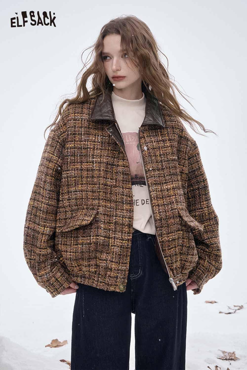ELFSACK plaid faux leather lapel coat featuring a stylish oversized fit and textured design