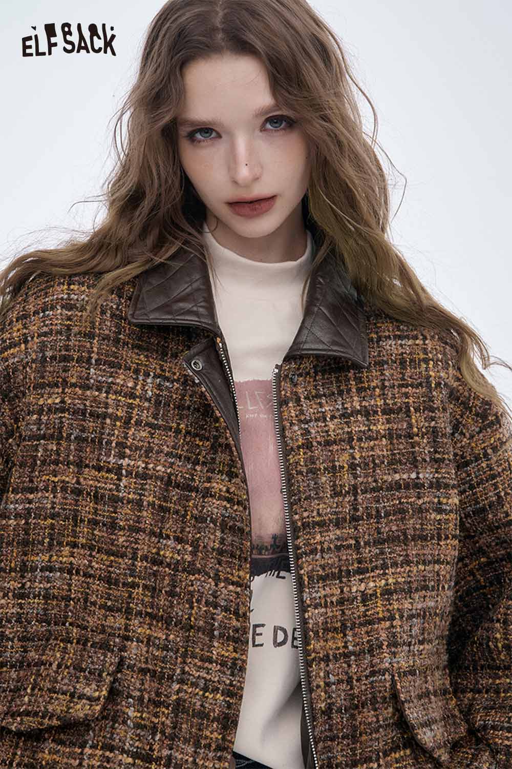 ELFSACK plaid faux leather lapel coat featuring a stylish tweed texture and modern design