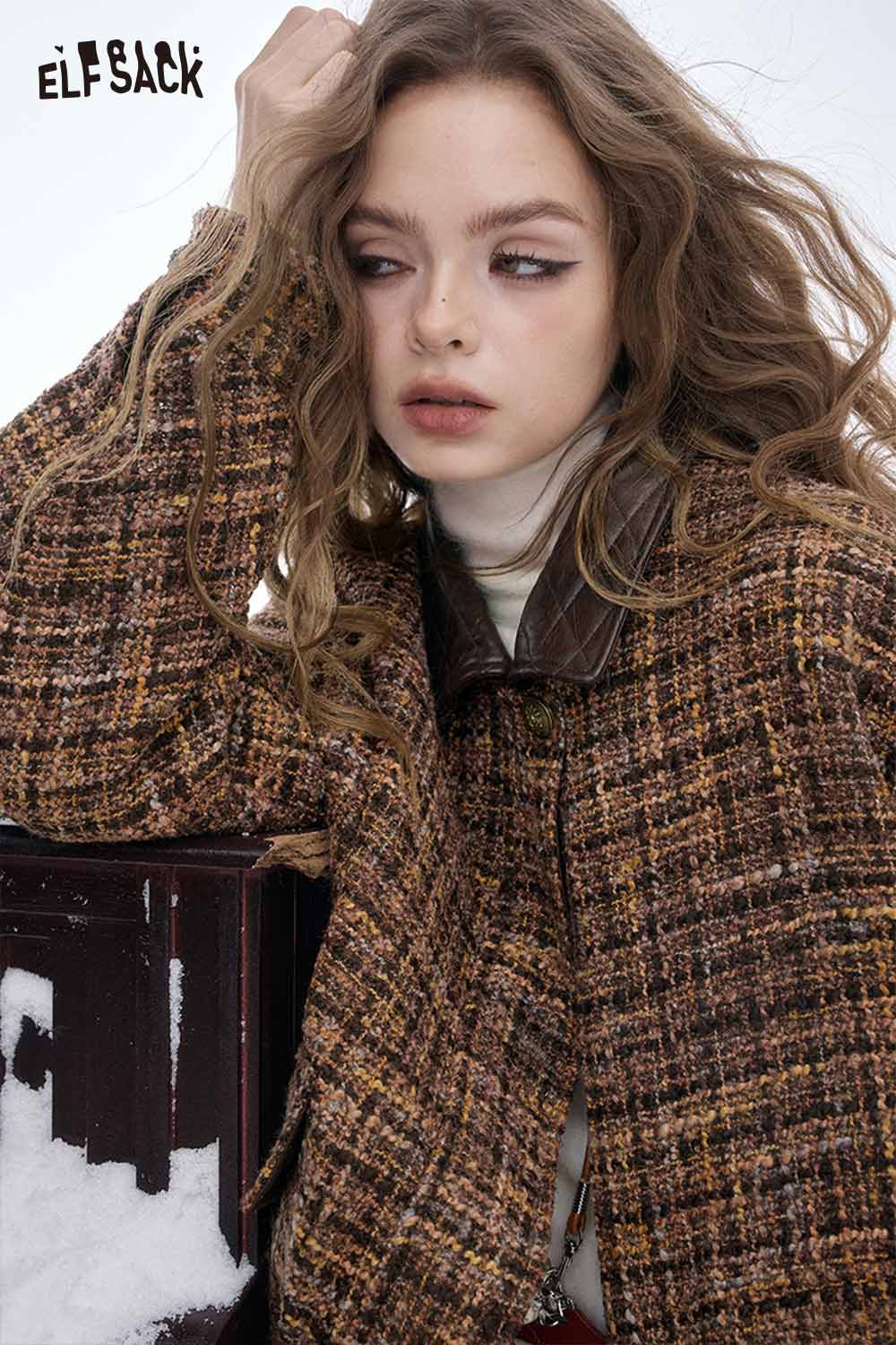 ELFSACK plaid faux leather lapel coat featuring a stylish oversized design for a trendy winter look