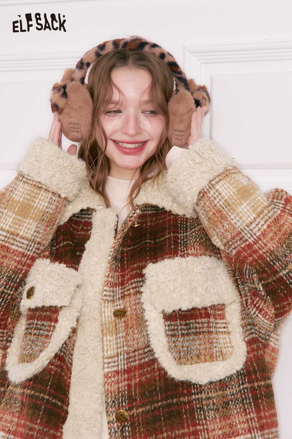 Plaid faux wool jacket for women by ELFSACK with cozy fleece lining and front pockets