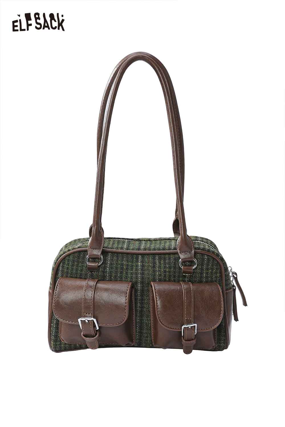 ELFSACK plaid faux wool shoulder bag with two front pockets and durable leather straps
