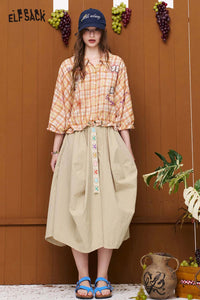 ELFSACK Plaid Graffiti Drawstring Cropped Shirt