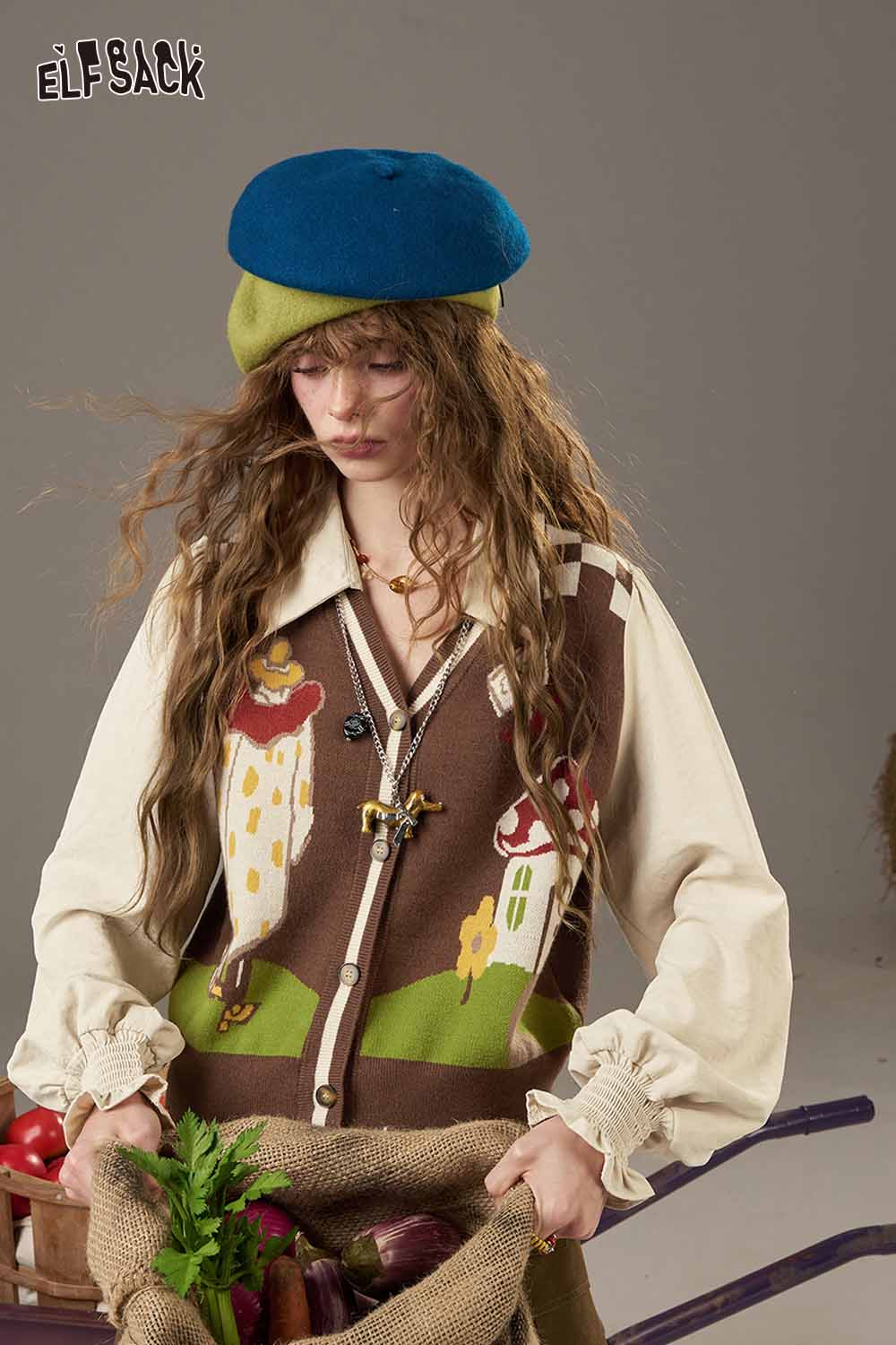 ELFSACK plaid knit sweater for women with colorful mushroom design and button-down style