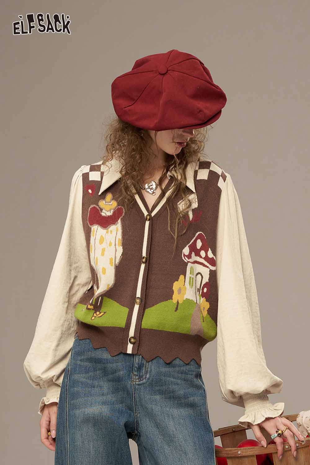 ELFSACK Plaid knit sweater for women featuring a whimsical design and button-up front