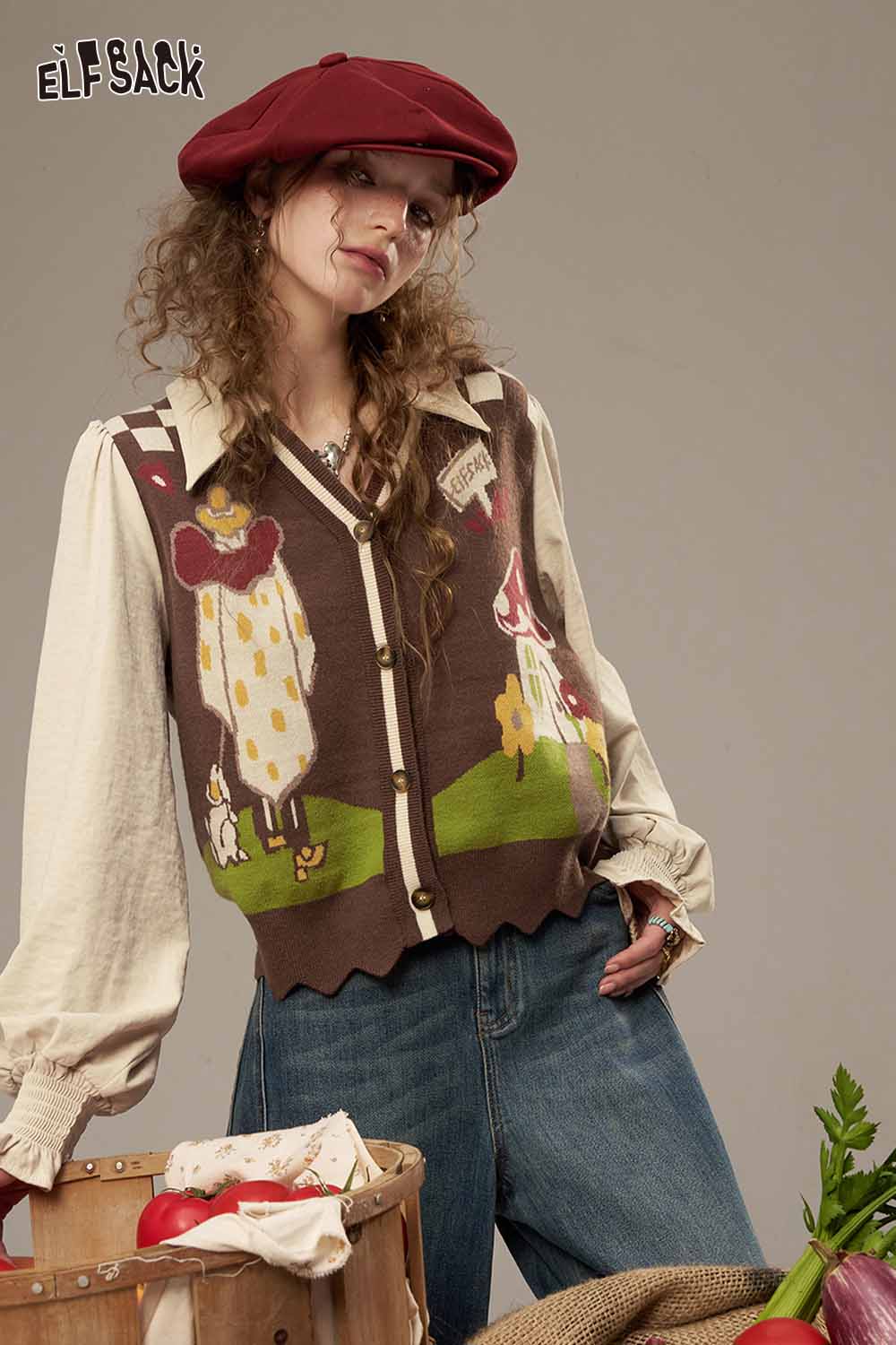 Stylish ELFSACK plaid knit sweater for women with unique graphic design and vintage-inspired look