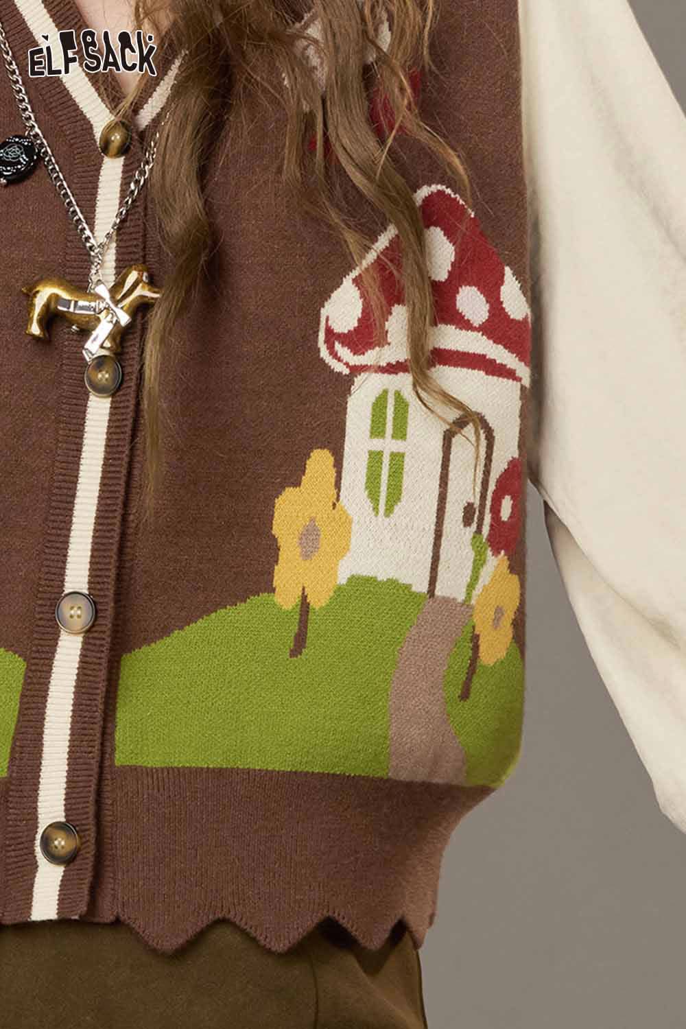 ELFSACK plaid knit sweater for women featuring a whimsical mushroom design and vibrant colors