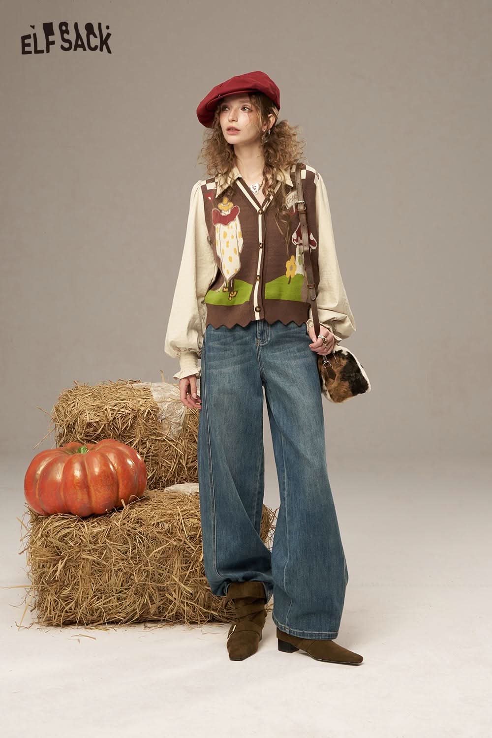 Trendy plaid knit sweater for women from ELFSACK paired with wide-leg jeans and a red beret