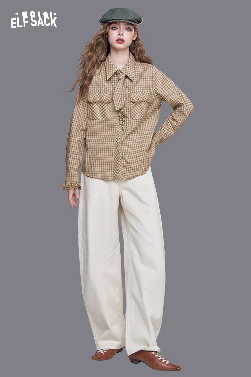 ELFSACK plaid lace accent long sleeve shirt in brown with tie detail and two front pockets