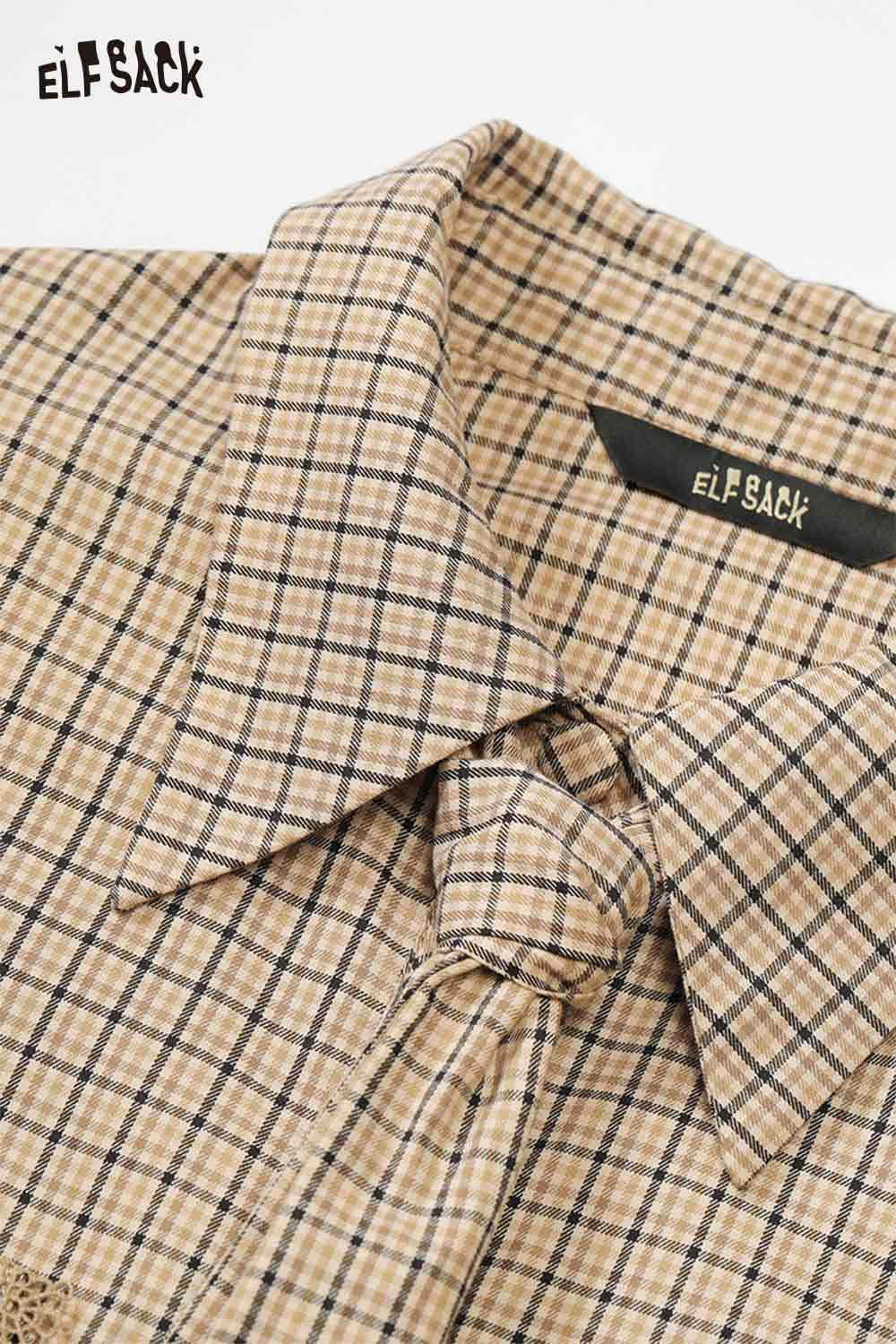 ELFSACK plaid lace accent long sleeve shirt with a classic collar and stylish design