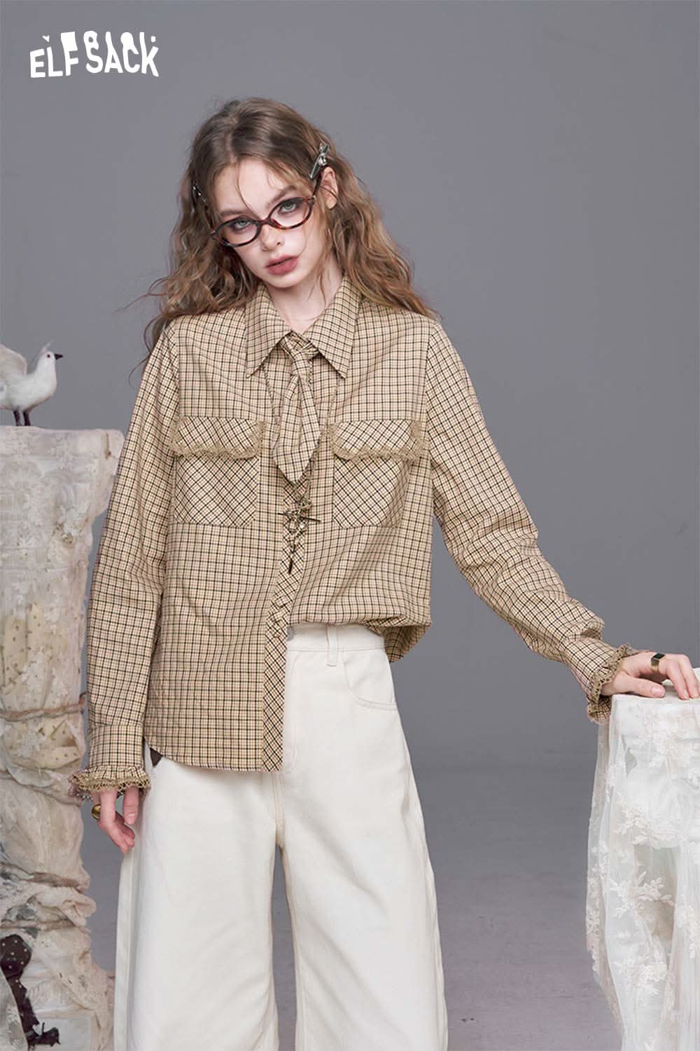 ELFSACK plaid lace accent long sleeve shirt in beige with two front pockets and a relaxed fit