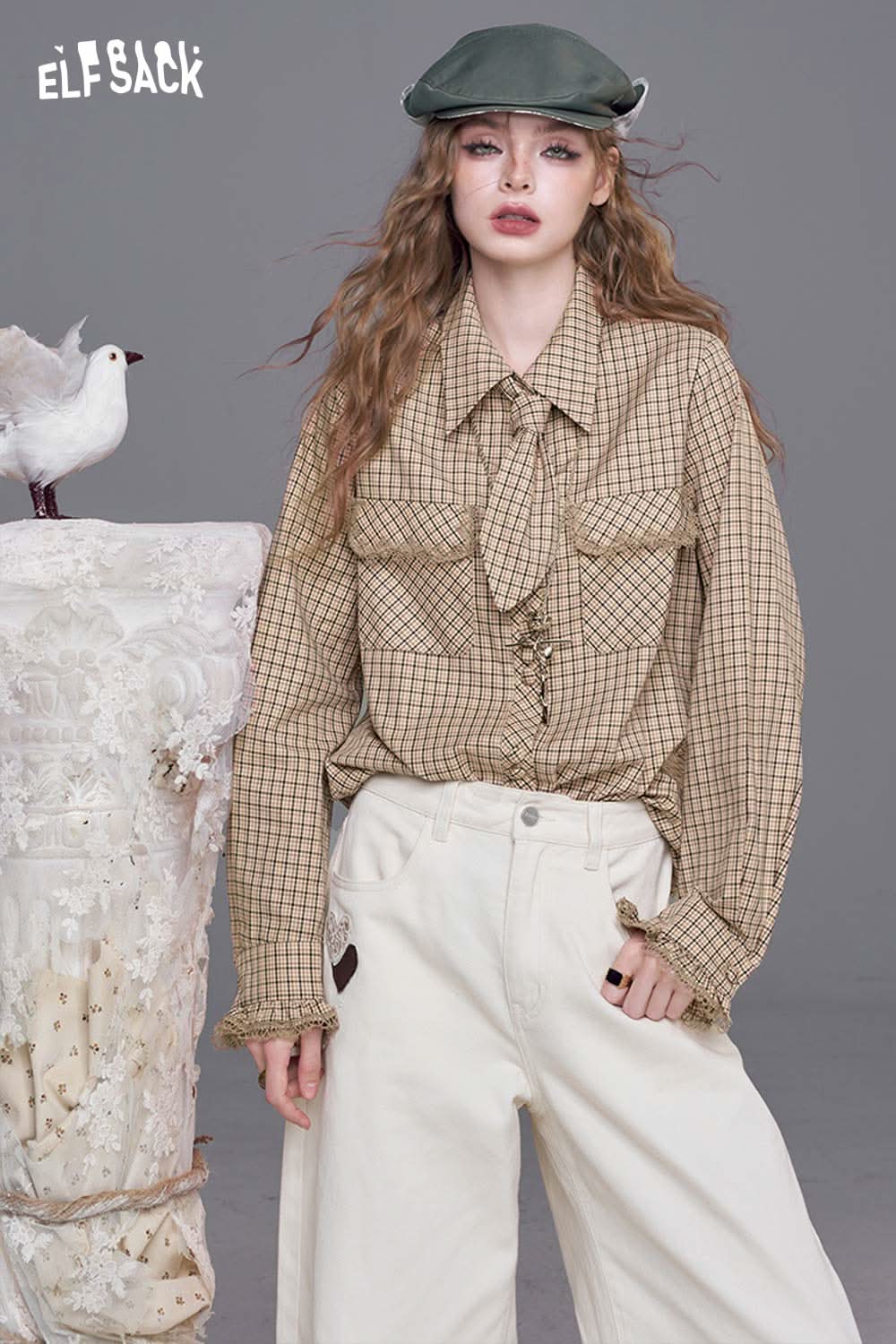 ELFSACK plaid lace accent long sleeve shirt in beige with stylish pockets and a relaxed fit