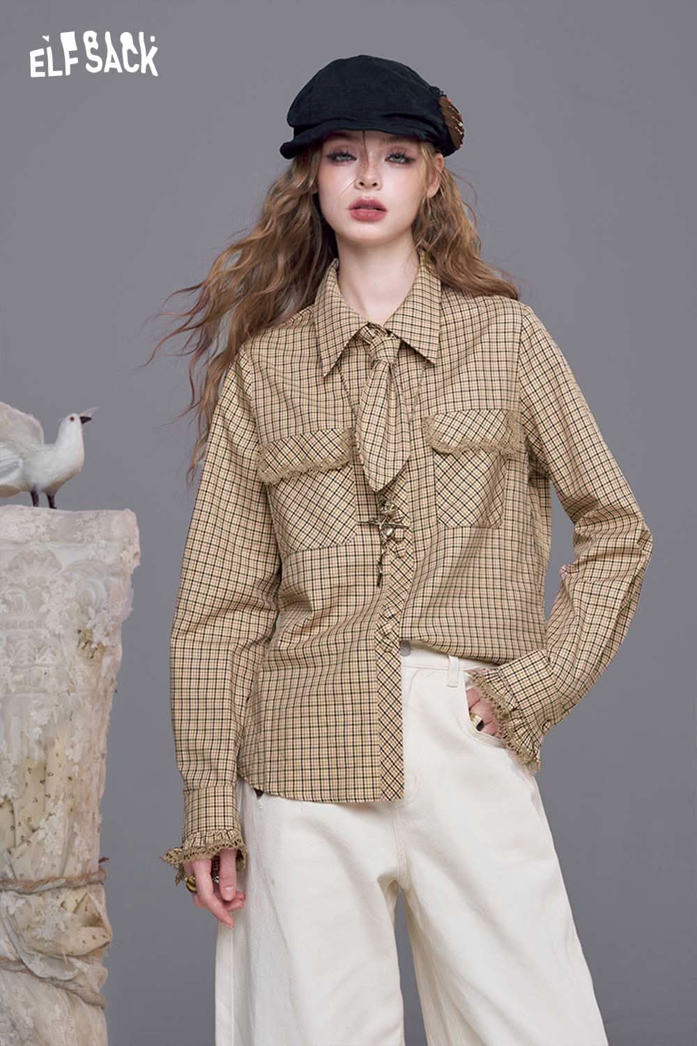 ELFSACK plaid lace accent long sleeve shirt featuring a stylish design with chest pockets
