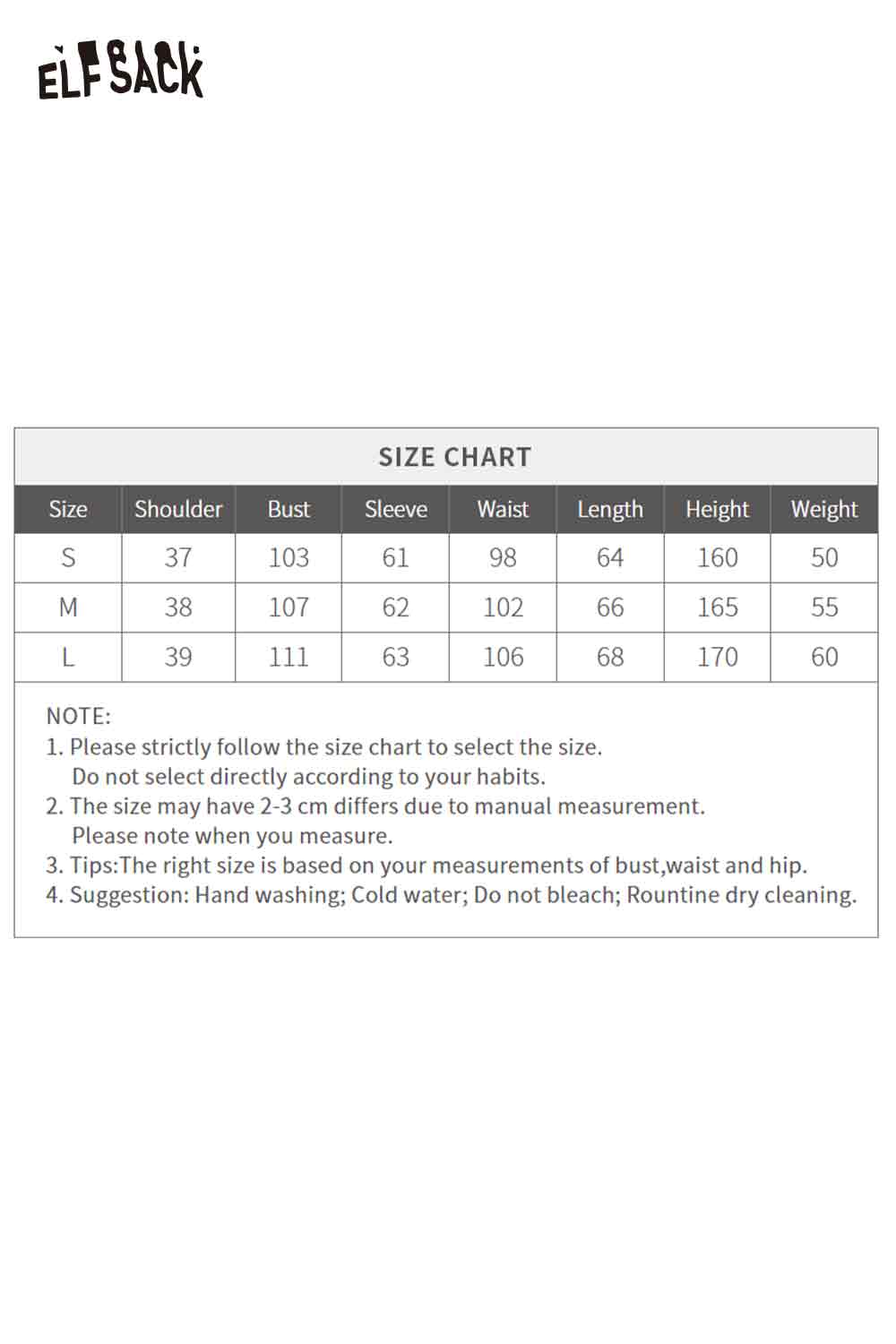 ELFSACK plaid lace accent long sleeve shirt size chart with measurements for small, medium, and large