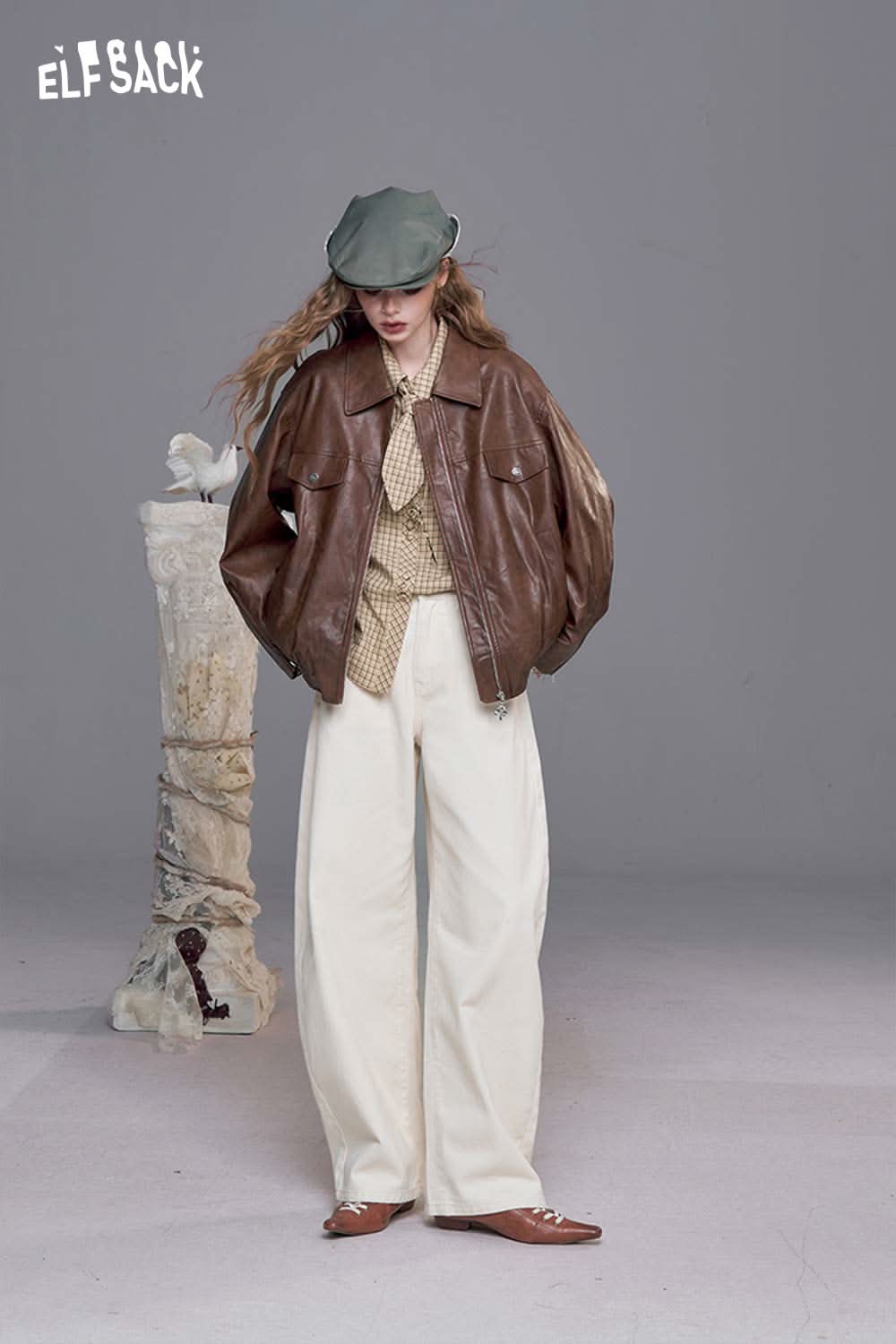 ELFSACK plaid lace accent long sleeve shirt styled with a brown jacket and wide-leg pants