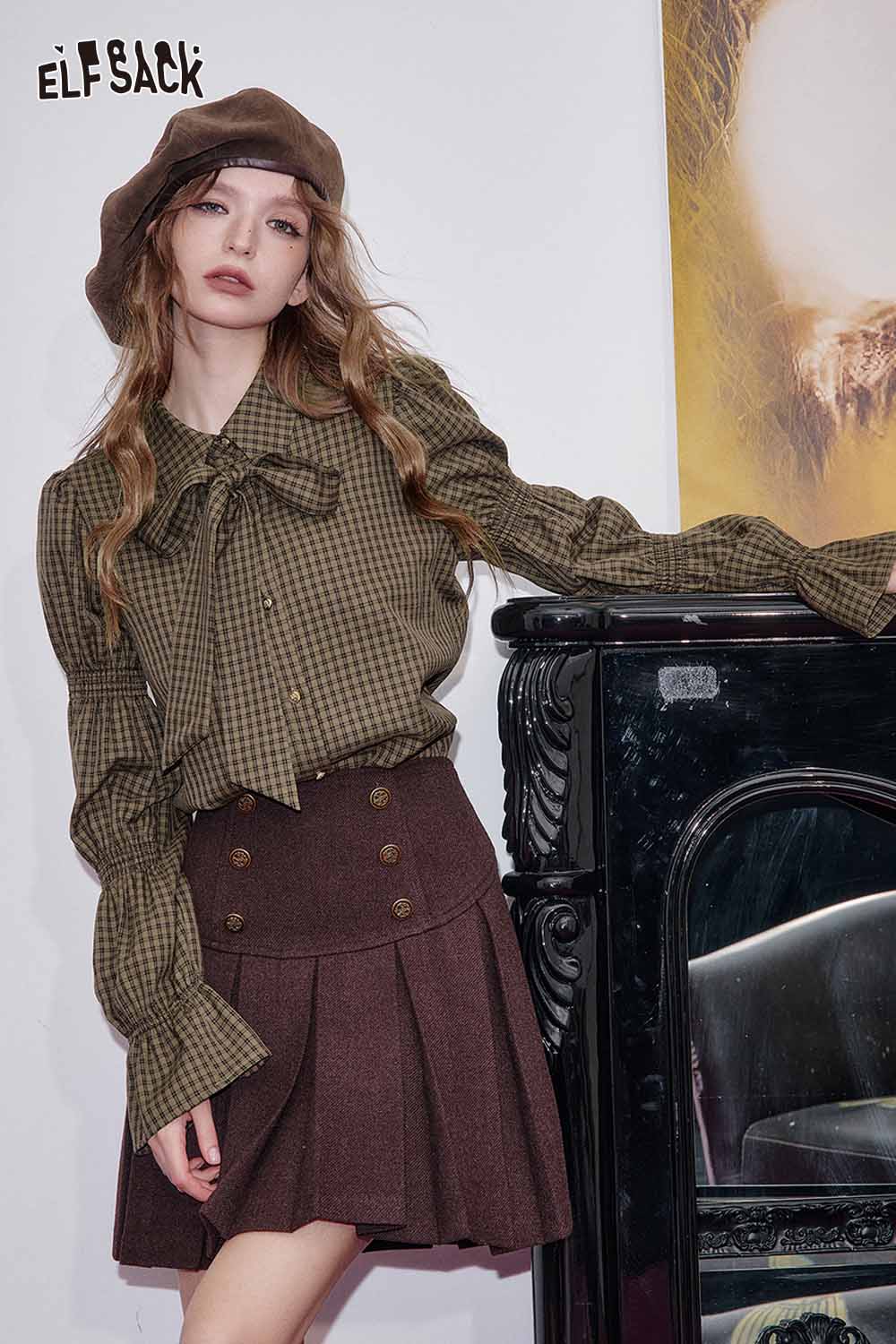 ELFSACK plaid lantern sleeve shirt women featuring a bow tie detail and a stylish design