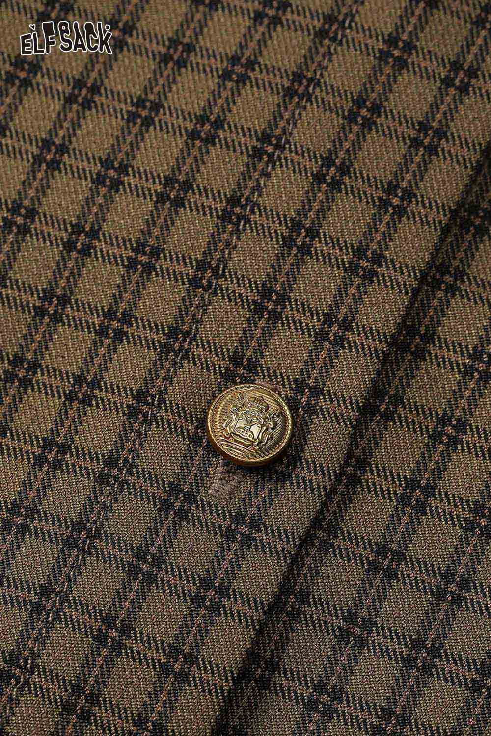 Close-up of ELFSACK plaid lantern sleeve shirt women featuring a classic print and a stylish button detail