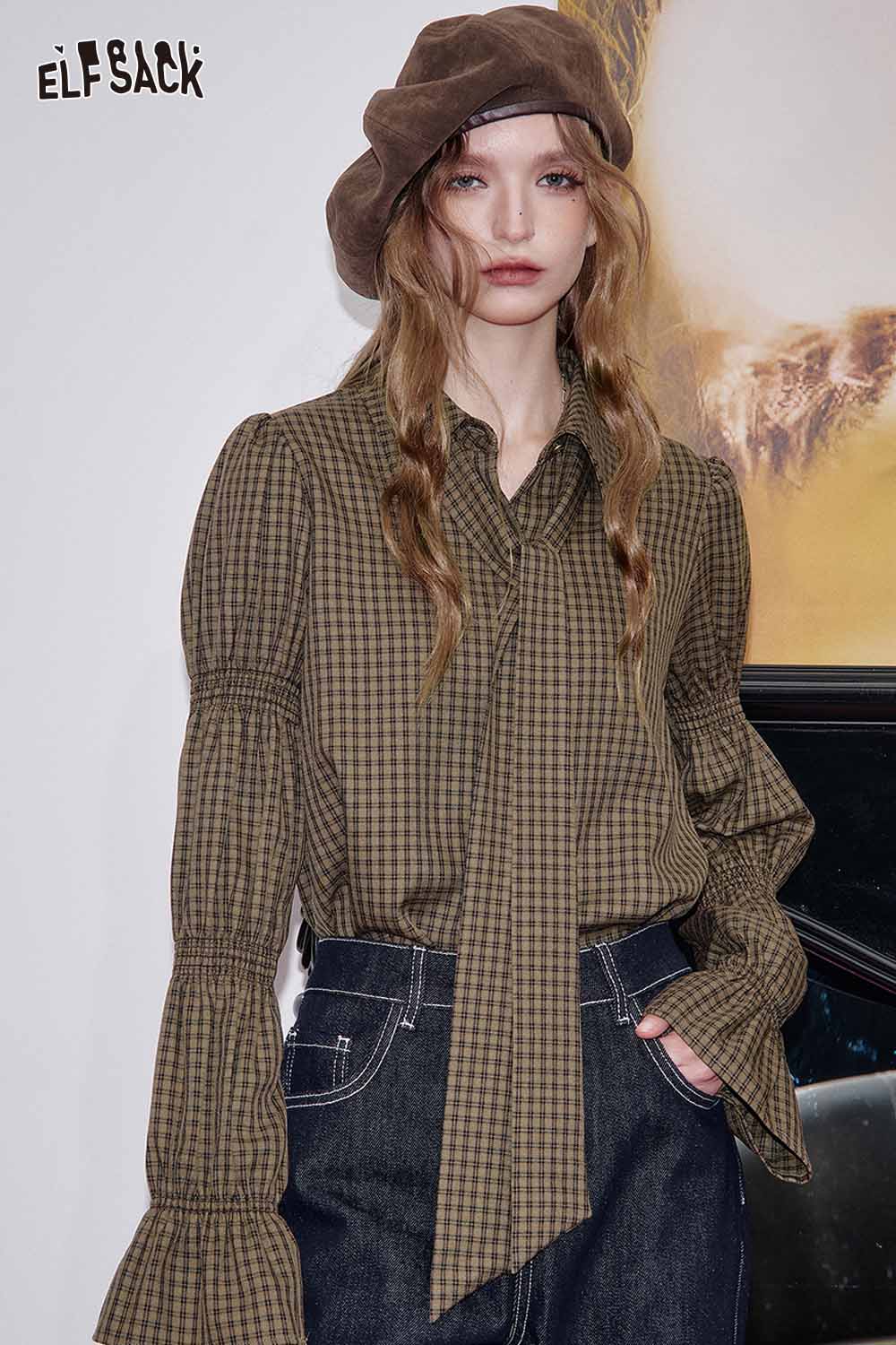 ELFSACK plaid lantern sleeve shirt women in brown check pattern with a tie detail and stylish puffed sleeves