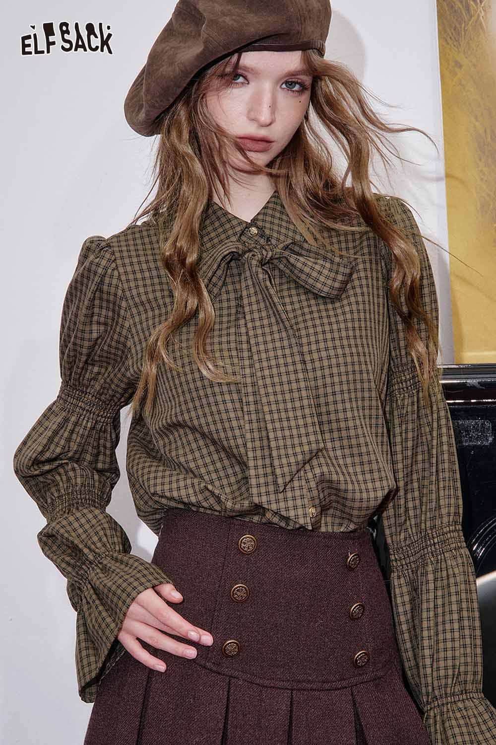 ELFSACK plaid lantern sleeve shirt women featuring a bow tie and stylish puffed sleeves