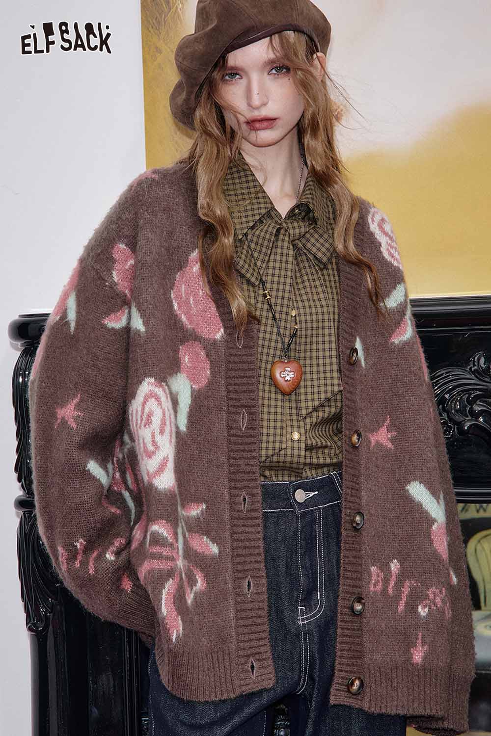 ELFSACK plaid lantern sleeve shirt women styled under a cozy floral cardigan and accessorized with a heart necklace