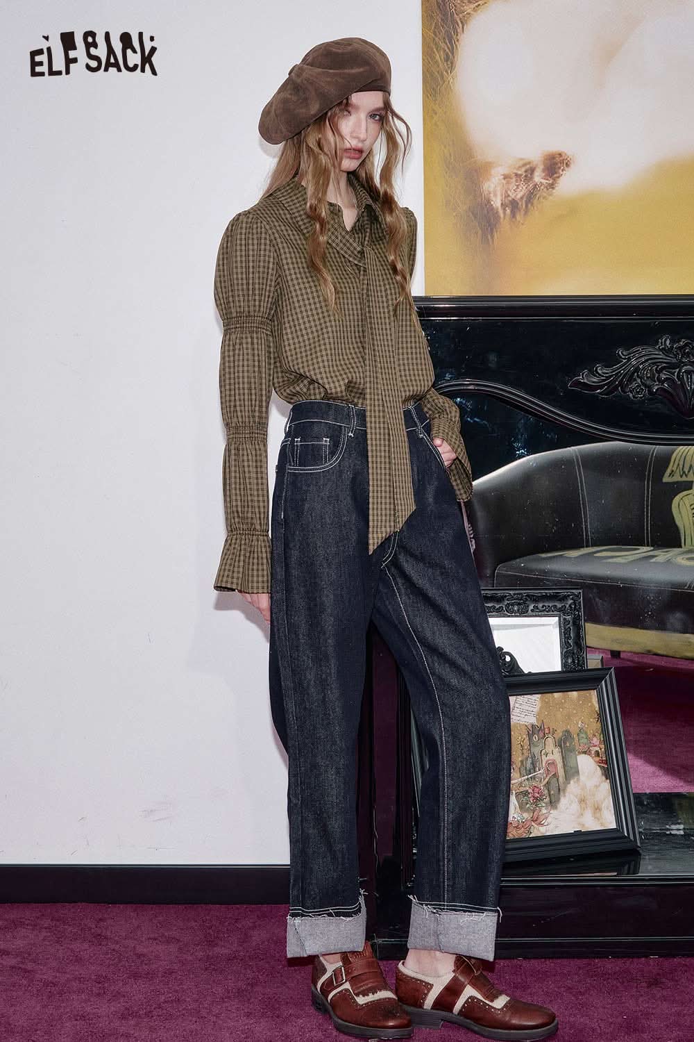 Plaid lantern sleeve shirt women by ELFSACK styled with high-waisted jeans and accessories in a chic setting