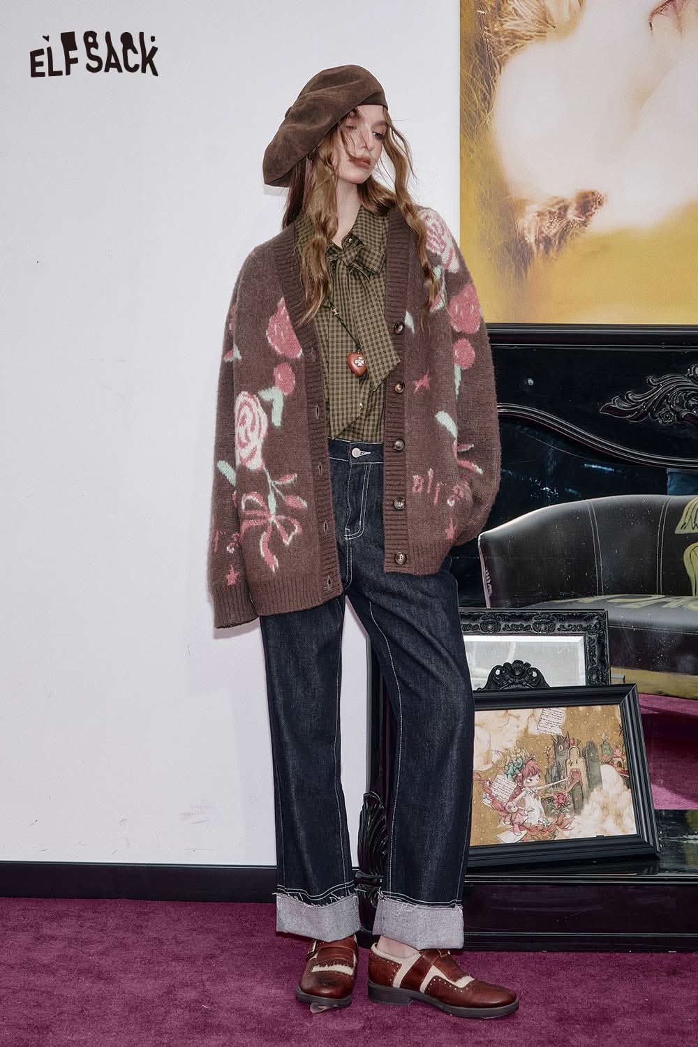 ELFSACK plaid lantern sleeve shirt women with floral accents styled with a cozy cardigan and denim