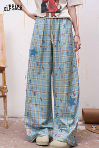 Plaid Letter Print Wide Leg Pants