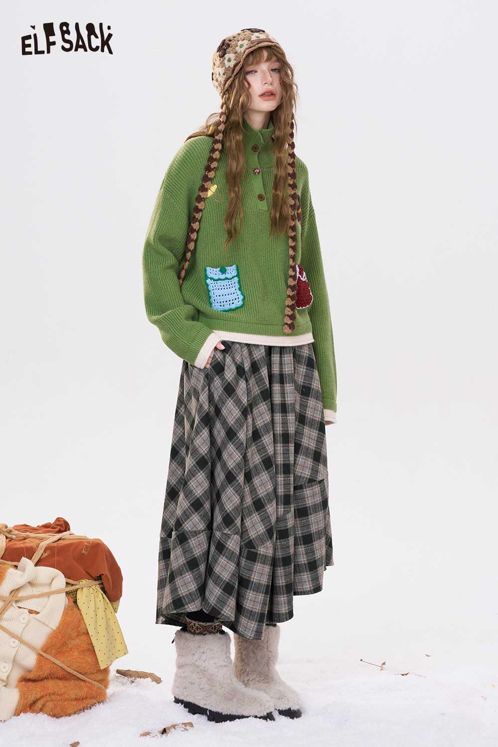 ELFSACK plaid long dress for women paired with a green sweater and stylish accessories