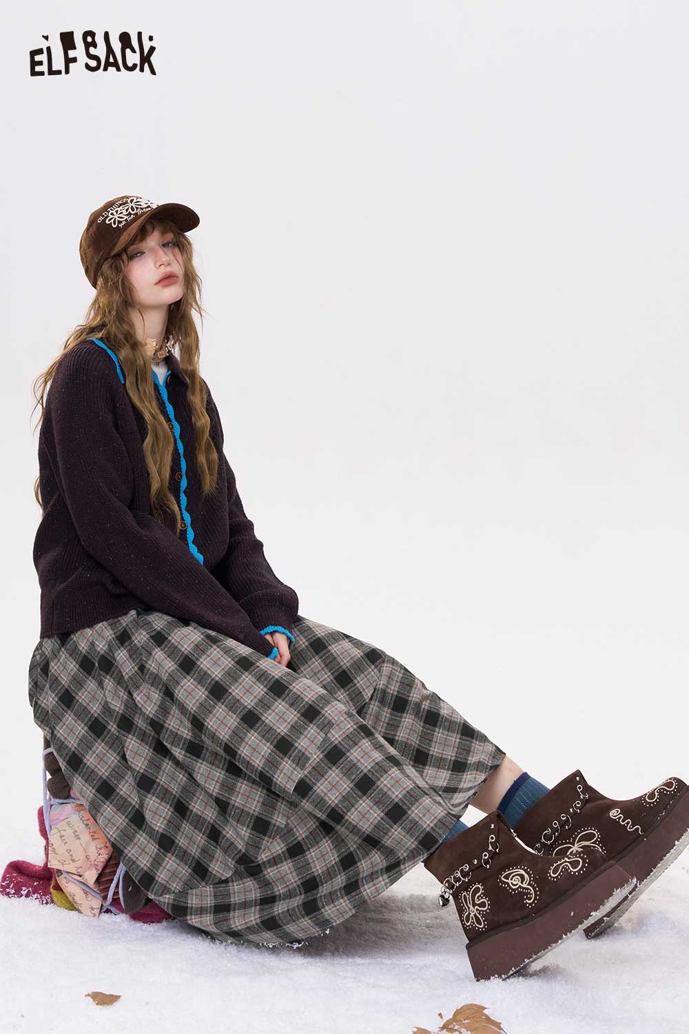 ELFSACK plaid long dress for women with a loose fit and layered style, perfect for casual outings