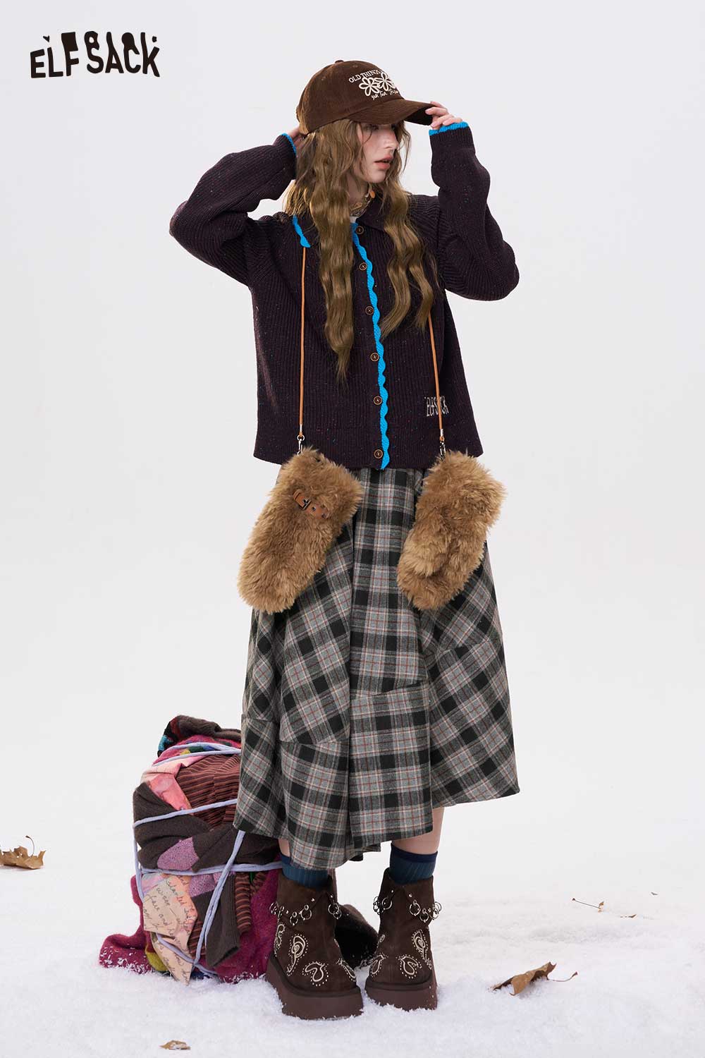 ELFSACK plaid long dress for women styled with cozy accessories and winter boots