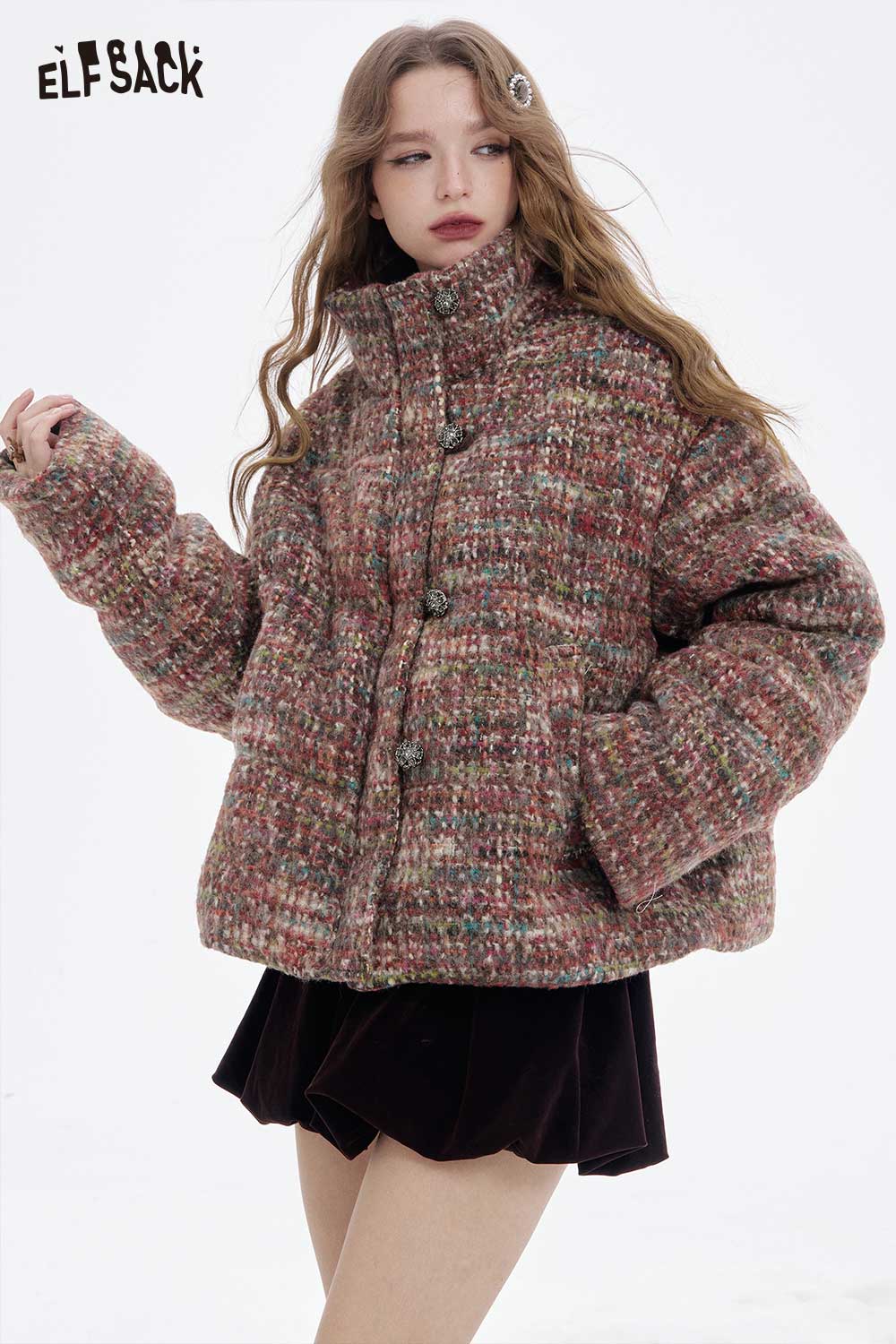 Cozy ELFSACK plaid puffer jacket for women with a textured design and oversized fit