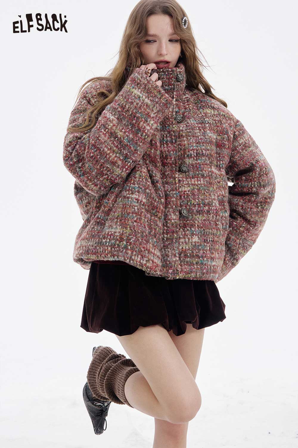 ELFSACK plaid puffer jacket for women featuring a cozy, oversized design in warm tones