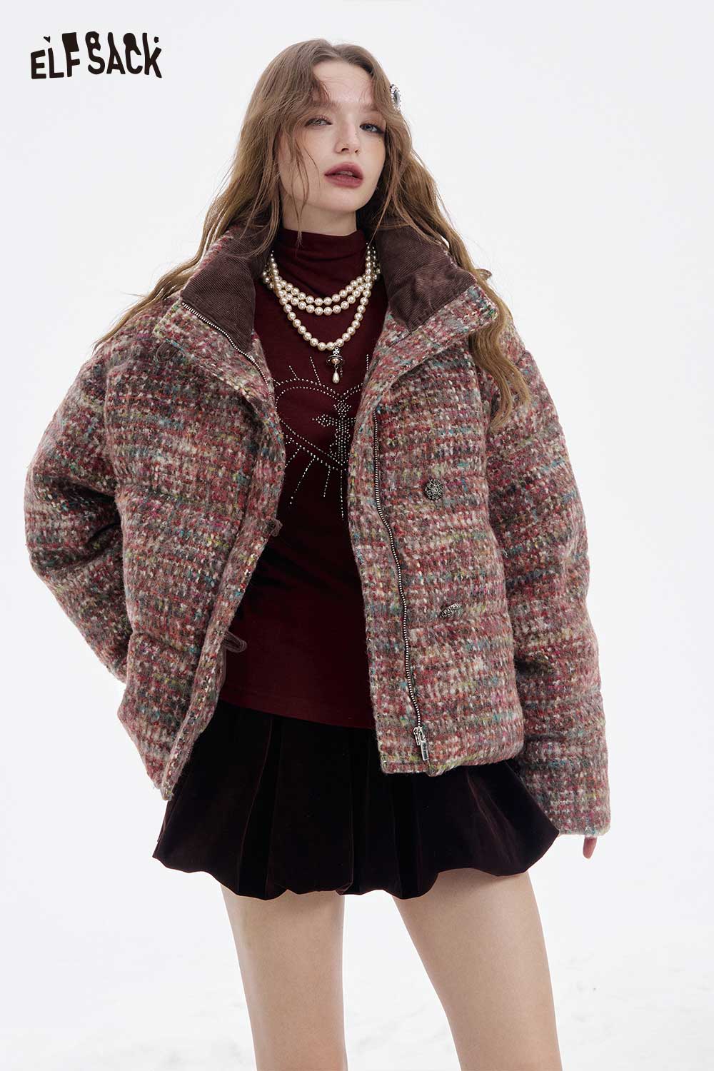 ELFSACK plaid puffer jacket for women featuring a stylish design and cozy fit for cold weather