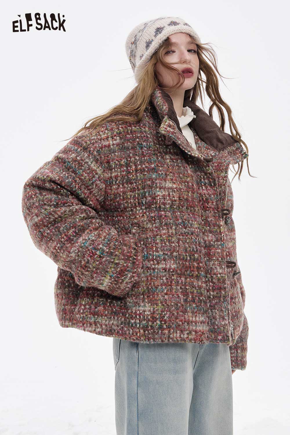 ELFSACK plaid puffer jacket for women featuring a cozy design and stylish buttons