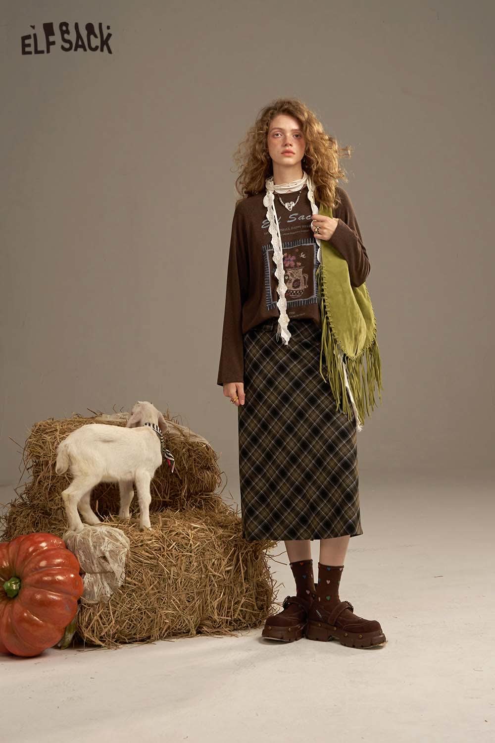ELFSACK plaid straight long skirt styled with a brown top and accessories for a chic look