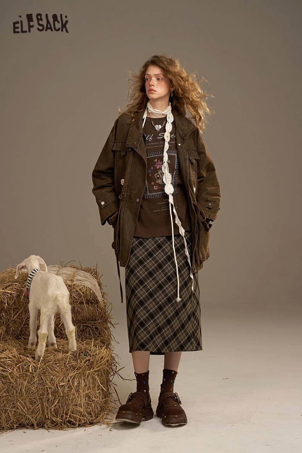ELFSACK plaid straight long skirt styled with a casual top and layered accessories