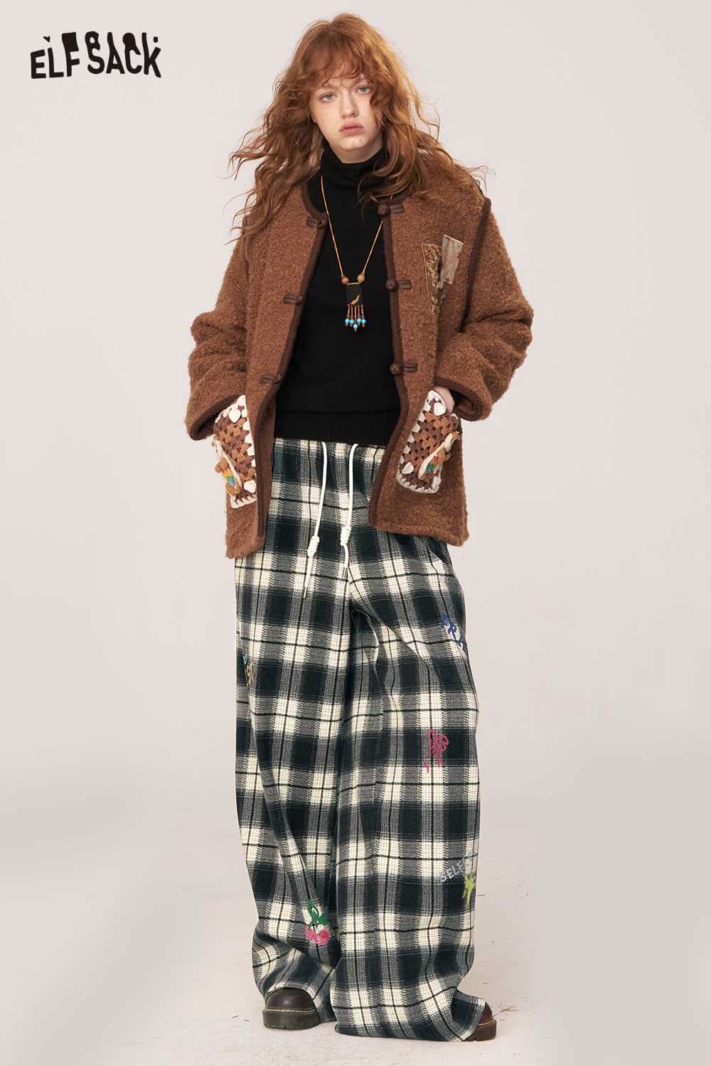 ELFSACK plaid wide leg pants for women featuring a relaxed fit and colorful embroidery details