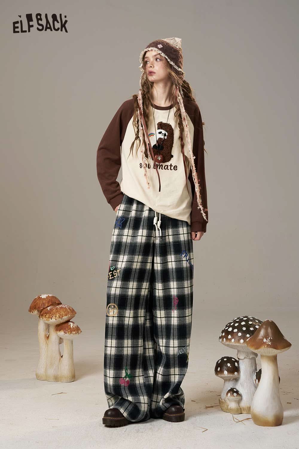 ELFSACK plaid wide leg pants for women styled with a casual sweatshirt and unique accessories