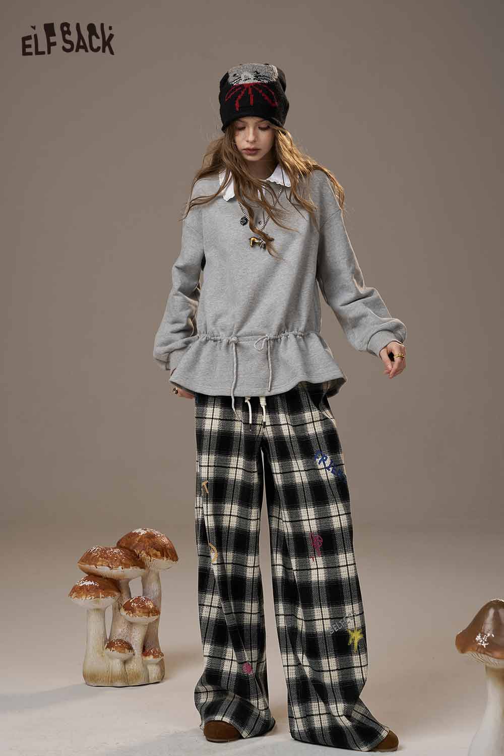 ELFSACK plaid wide leg pants for women with a comfortable fit and playful embroidered details