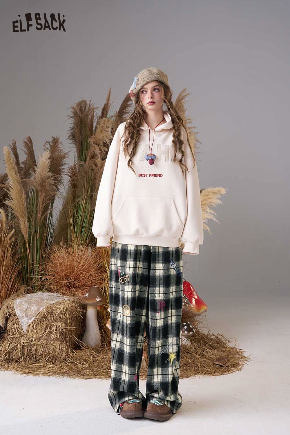ELFSACK plaid wide leg pants for women styled with a cozy hoodie for a relaxed look