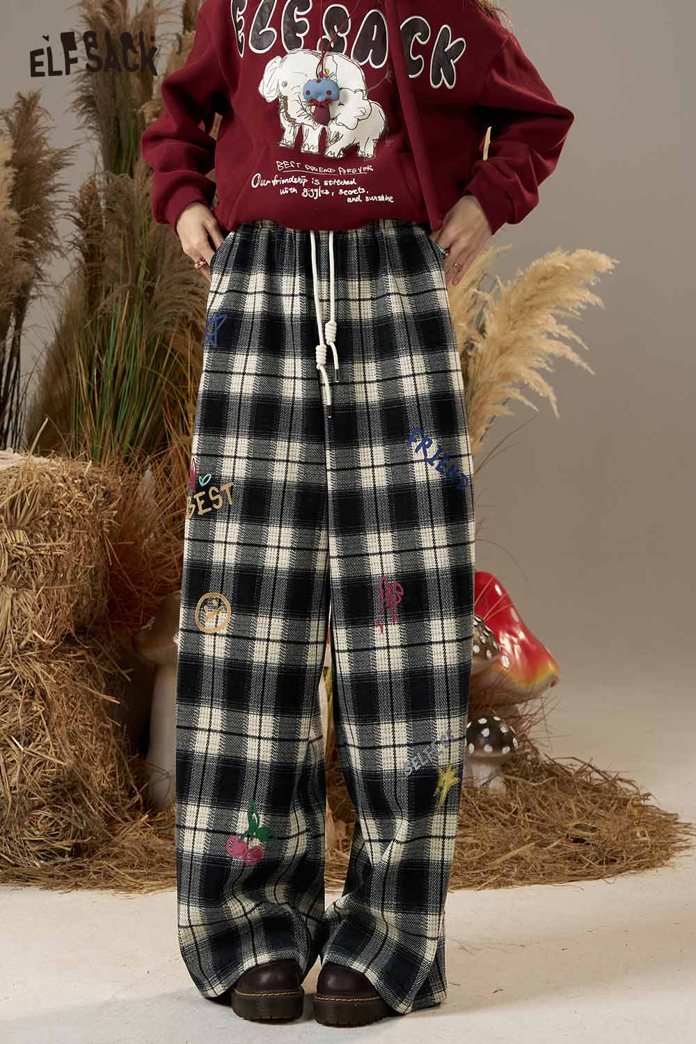 ELFSACK plaid wide leg pants for women with colorful embroidery and an elastic drawstring waist